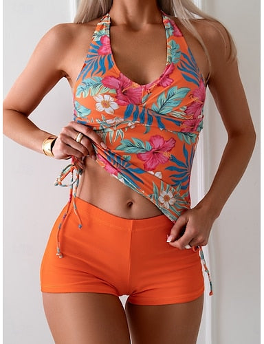 Swimwear Tankini 2 Piece Boy Leg Swimsuit Backless High Waist Vacation Beach Wear Leaves Halter Neck Sleeveless Bathing Suits