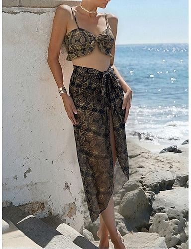 Swimwear Bikini Three Piece Briefs Swimsuit Ruched Vacation Beach Wear Graphic V Neck Sleeveless Bathing Suits