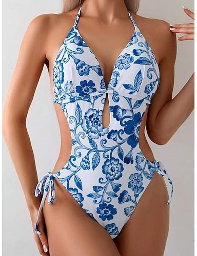Swimwear One Piece Bikini High Waist Swimsuit Ruched Patchwork Vacation Beach Wear Graphic Halter Neck Sleeveless Bathing Suits