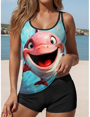 Swimwear Tankini 2 Piece High Waist Swimsuit Backless Vacation Beach Wear Graphic Animal U Neck Sleeveless Bathing Suits