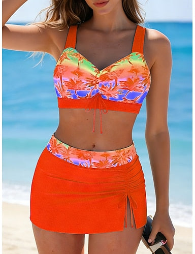 Swimwear Tankini 2 Piece Skirt Swimsuit Vacation Graphic Tropical V Neck Sleeveless Bathing Suits