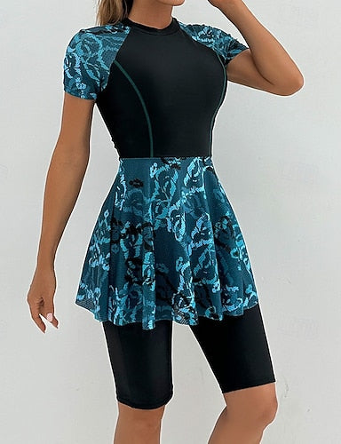 Swimwear 2 Piece Shorts Swimsuit Patchwork Vacation Beach Wear Graphic Round Neck Short Sleeves Bathing Suits