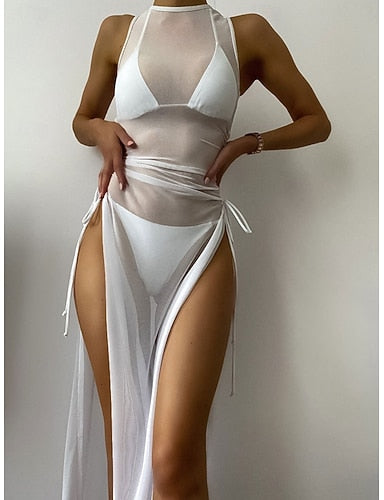 Swimwear Three Piece Swimsuit Ruched Backless Vacation Beach Wear Plain Halter Neck Sleeveless Bathing Suits