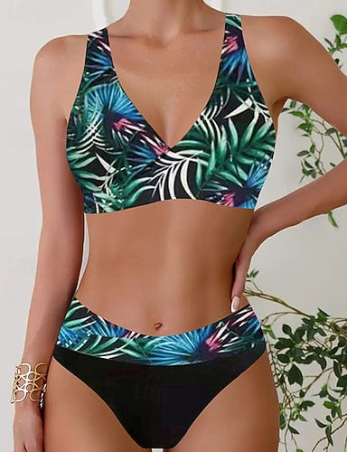 Tankini Two Piece Swimsuit V Neck Swimwear Stripes Swimwear Black Wine Breathable Quick Dry Lightweight Sleeveless - Swimming Surfing Beach Summer Spring