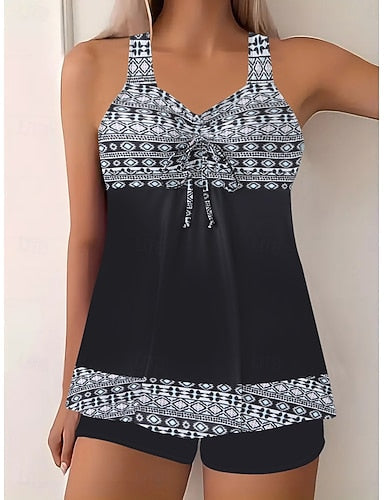 Tankini 2 Piece Swimsuit High Waist Tummy Control High Waist Slim Backless Vacation Beach Wear Ombre Stripe V Neck Sleeveless Bathing Suits