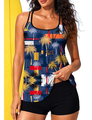 Medium Rash Guard Print Swimsuit Tankini Swimsuits Geometric Tropical 2 Piece Removable Pad Boyleg Uv Sun Protection Upf50+ Elastic Sleeveless Surfing Canoeing Water Sports Summer