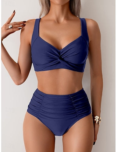 Bikini 2 Piece Swimsuit Ruched Briefs Slim Backless Vacation Color V Neck Sleeveless Bathing Suits
