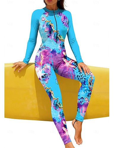 Regular Rash Guard Full Body Rash Guard Bathing Suit Leopard Ocean With Built in Bra Front Zip Uv Sun Protection Full Coverage Upf50+ Long Sleeve Full Body Swimwear Surfing Canoeing Beach