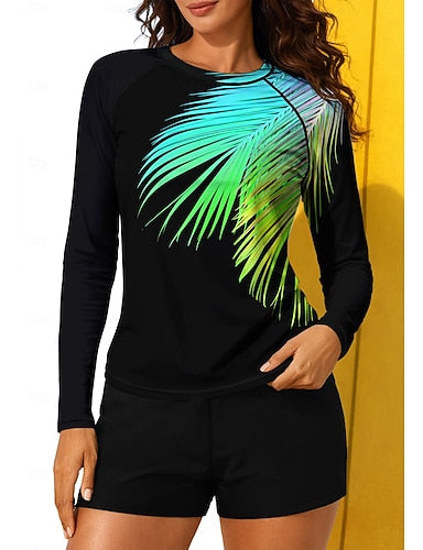 Regular Rash Guard Swimsuit Rash Guard Print Swimsuit Tropical Color-blocking 2 Piece Removable Pad Boyleg Uv Sun Protection Upf50+ Uv Protection Long Sleeve Swimwear Sun Shirt