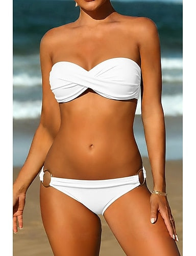 Swimwear Bikini 2 Piece Normal Swimsuit 2 Piece Ruched Open Back Pure Color Green White Black Yellow Rosy Pink Padded Strapless Bathing Suits New Vacation / Modern / Padded Bras