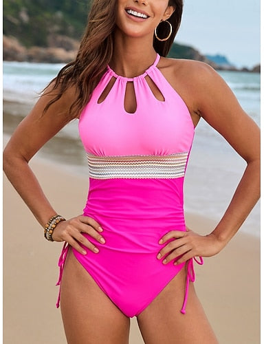 One Piece Swimsuit Slimming Ruched Cutout Colorblock Monokini Tummy Control High Waist Slim Backless Vacation Beach Wear Color Halter Neck Sleeveless Bathing Suits