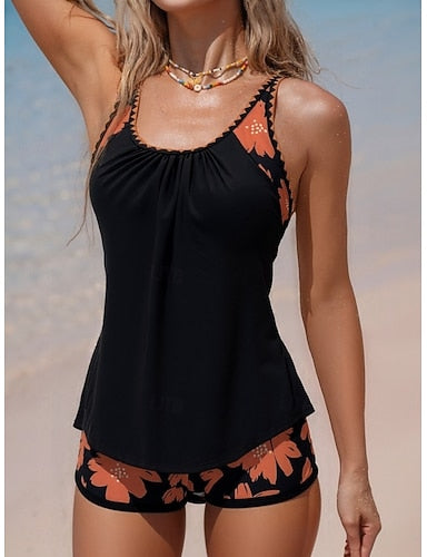 Swimwear Tankini 2 Piece Shorts Swimsuit Tummy Control High Waist Slim Backless Vacation Beach Wear U Neck Sleeveless Bathing Suits