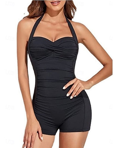 One Piece Swimsuit Slimming Ruched Swimming Suit With Shorts Monokini Halter Tummy Control High Waist Slim Backless Vacation Beach Wear Color Halter Neck Sleeveless Bathing Suits