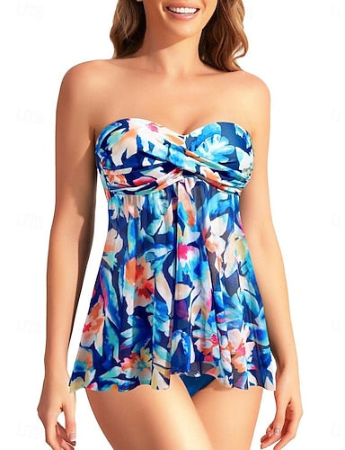 Tankini 2 Piece Swimsuit Underwire Cheeky Tummy Control High Waist Slim Backless Vacation Beach Wear Strapless Sleeveless Bathing Suits