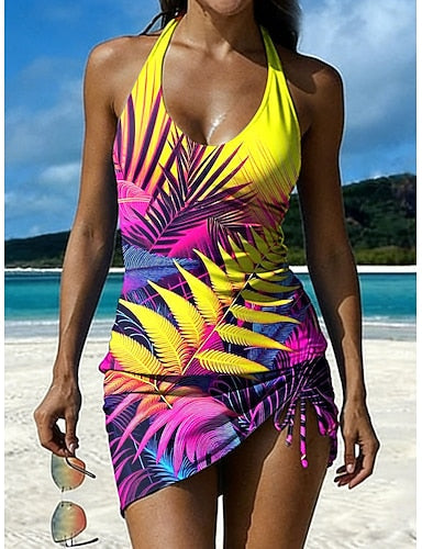 Swimwear Tankini Skirt Swimsuit Drawstring Knit Vacation Graphic U Neck Sleeveless Bathing Suits