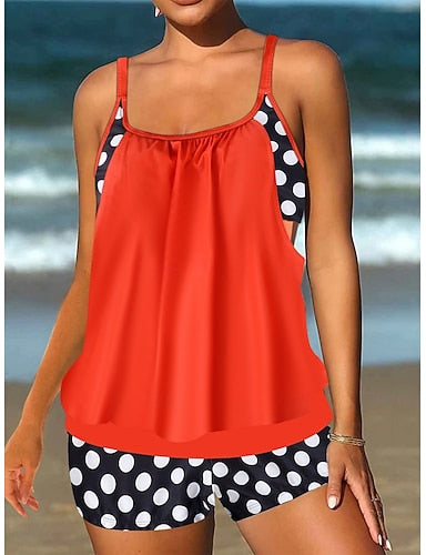 Tankini 2 Piece Swimsuit Shorts Tummy Control High Waist Slim Backless Vacation Beach Wear Polka Dot U Neck Sleeveless Bathing Suits