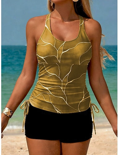 Tankini 2 Piece Swimsuit Ruched Shorts Backless Vacation Beach Wear Ombre Graphic Scoop Neck Sleeveless Bathing Suits