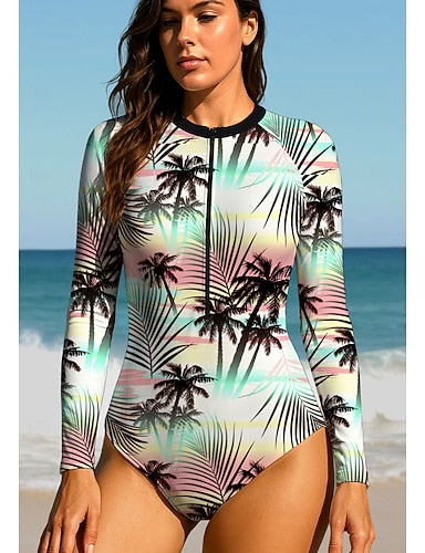 Rash Guard Dive Skin Suit Bathing Suit Athletic Swimwear Tropical Zip Up Upf50+ Quick Dry Lightweight Long Sleeve Swim Shirt Surfing Beach Water Sports Summer