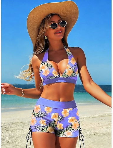 Bikini 2 Piece Swimsuit High Waist Backless Vacation Beach Wear Graphic V Neck Sleeveless Bathing Suits