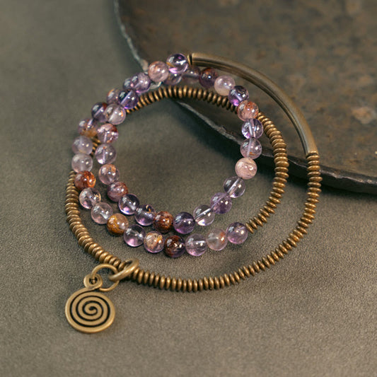 Love and Forgiveness Bracelet With Purple Phantom, Red Hematoid & Green Rutilated Quartz