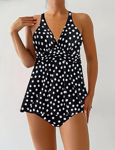 Swimwear 2 Piece Shorts Swimsuit Backless Vacation Beach Wear Polka Dot V Neck Sleeveless Bathing Suits