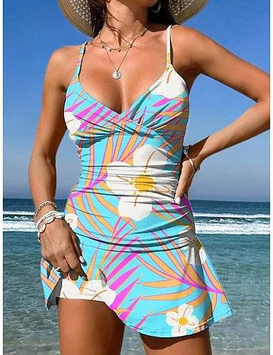 Swimwear One Piece Skirt Swimsuit Vacation Graphic V Neck Sleeveless Bathing Suits