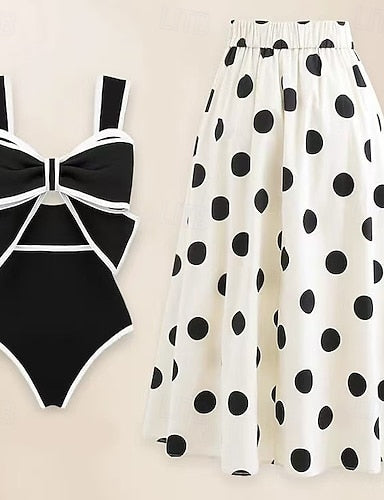 One Piece Swimsuit Monokini Skirt Tummy Control High Waist Slim Backless Vacation Beach Wear Polka Dot V Neck Sleeveless Bathing Suits