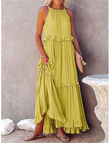 Maxi Dress White Dress Beach Dress Swing Dress Daily Outdoor Beach Loose Fit Plain Sleeveless Crew Neck Blue White Yellow Pink Summer Spring