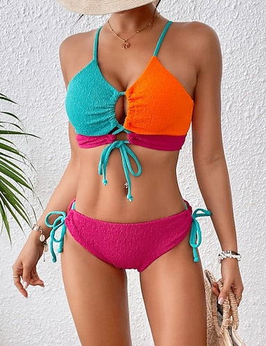 Standard Surfing Tankinis & Bikinis Bikini Sets Bathing Suit Color-blocking Drawstring Open Back Shirred Uv Protection Elastic Sleeveless Swimwear Surfing Diving Swimming Summer