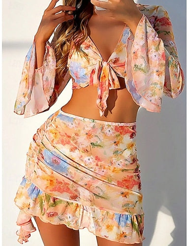 Bikini Swimsuit Skirt Slim Backless Vacation Beach Wear Graphic V Neck Long Sleeve Bathing Suits