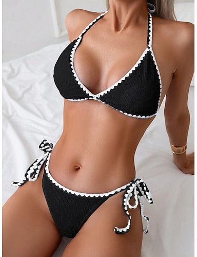 Bikini 2 Piece Swimsuit Underwire Tie Side Slim Backless Vacation Beach Wear Color Halter Neck Sleeveless Bathing Suits