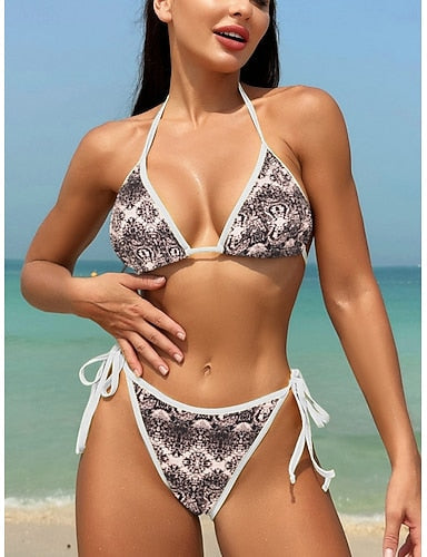 Bikini 2 Piece Swimsuit Leopard Thong Slim Backless Vacation Beach Wear Paisley Halter Neck Sleeveless Bathing Suits