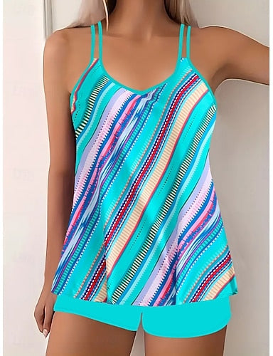 Tankini 2 Piece Swimsuit Boy Leg Tummy Control High Waist Slim Backless Vacation Beach Wear Geometric Scoop Neck Sleeveless Bathing Suits