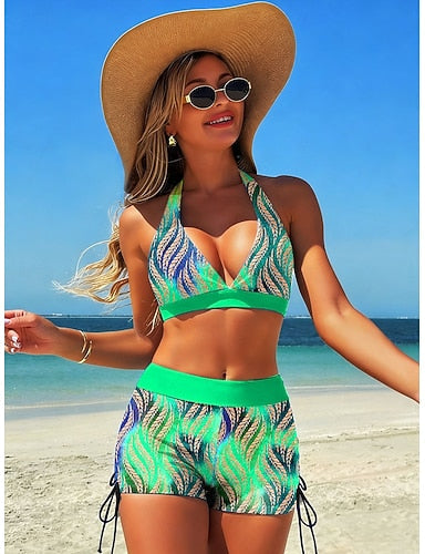 Bikini 2 Piece Swimsuit High Waist Backless Vacation Beach Wear Graphic Tropical V Neck Sleeveless Bathing Suits