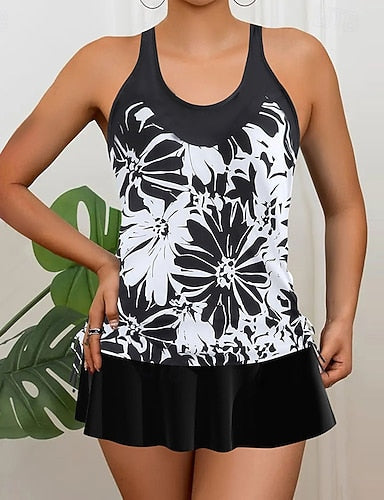 Swimwear 2 Piece Skirt Swimsuit Backless Vacation Beach Wear Graphic Round Neck Sleeveless Bathing Suits
