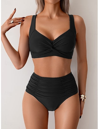Swimwear Bikini 2 Piece Briefs Swimsuit Backless Slim High Waisted Vacation Beach Wear Color V Neck Sleeveless Bathing Suits