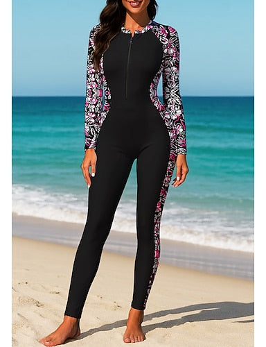 Rash Guard Full Body Rash Guard One Piece Surfing Suit Tropical Color-blocking Zip Up With Built in Bra Front Zip Uv Sun Protection Full Coverage Upf50+ Long Sleeve Full Body Swimwear