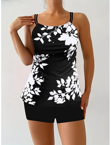Tankini 2 Piece Swimsuit Boy Leg Tummy Control High Waist Slim Backless Vacation Beach Wear Leaves Scoop Neck Sleeveless Bathing Suits