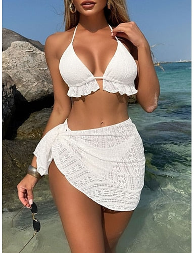 Bikini 3 Piece Swimsuit Underwire Skirt Slim Backless Vacation Beach Wear Color Halter Neck Sleeveless Bathing Suits