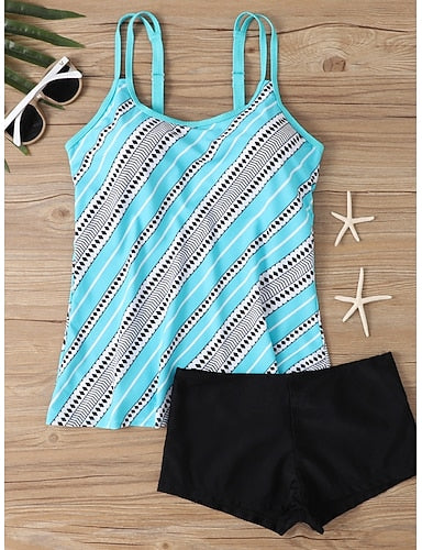Tankini 2 Piece Swimsuit Palm Shorts Tummy Control High Waist Slim Backless Vacation Beach Wear Color Block U Neck Sleeveless Bathing Suits