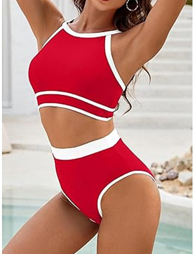 Bikini 2 Piece Swimsuit Colorblock Briefs Slim Backless Vacation Beach Wear Stripe Halter Neck Sleeveless Bathing Suits