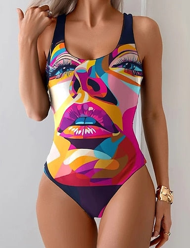 One Piece Swimsuit Slimming Monokini Briefs Tummy Control High Waist Slim Backless Vacation Ombre Graphic U Neck Sleeveless Bathing Suits