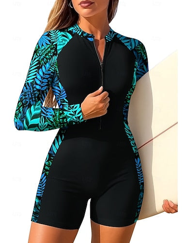 Regular Rash Guard One Piece Surfing Suit Bathing Suit Tropical Color-blocking Zip Up With Built in Bra Removable Pad Uv Sun Protection Upf50+ Ultra Light (ul) Long Sleeve Swimwear