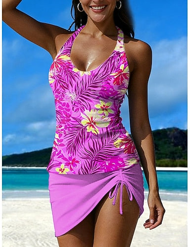 Swimwear Tankini Skirt Swimsuit Vacation Graphic Halter Neck Sleeveless Bathing Suits