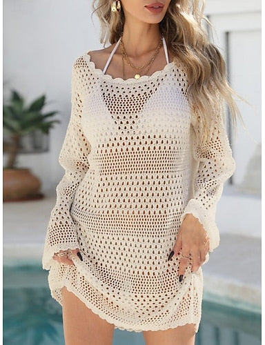 Cover Up Swimsuit Dress Cut Out Vacation Beach Wear Color Scoop Neck Long Sleeve Bathing Suits