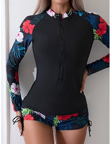 Tankini 2 Piece Swimsuit Zip Front Palm Shorts Tummy Control High Waist Slim Backless Vacation Beach Wear Leaves High Neck Long Sleeve Bathing Suits