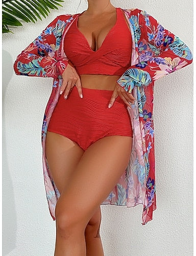 Bikini 3 Piece Swimsuit Palm Shorts Slim Backless Vacation Beach Wear Leaves V Neck Sleeveless Bathing Suits