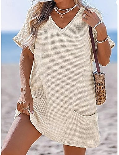 Swimwear Cover Up Swim Dress Dress Swimsuit Patchwork Pocket Vacation Beach Wear Plain V Neck Short Sleeves Bathing Suits