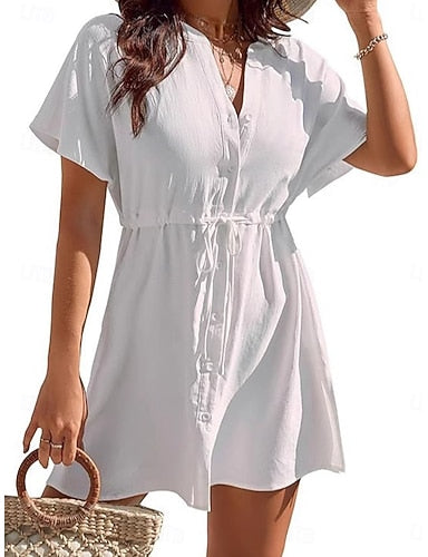 Mini Dress White Dress Beach Dress Black Dress Cover Up Classic Daily Outdoor Beach Regular Fit Plain Short Sleeve V Neck Black White Apricot Summer Spring