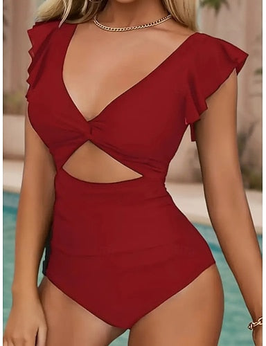 One Piece Swimsuit Slimming Ruched Cutout Monokini Tummy Control High Waist Slim Backless Vacation Color V Neck Sleeveless Bathing Suits
